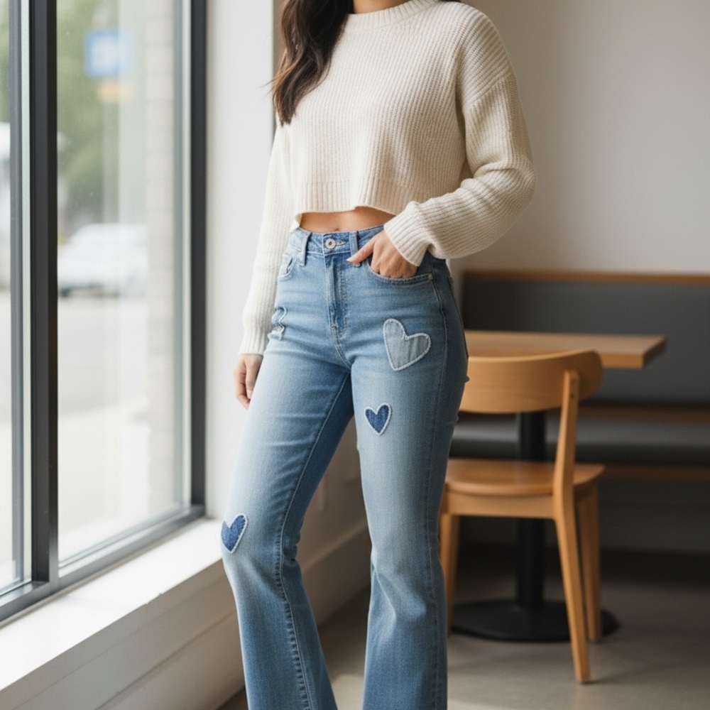 Hollister Light Blue Heart Patch Flare Jeans